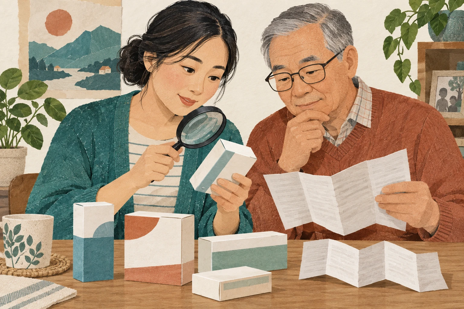 家人一起核对药盒与说明书