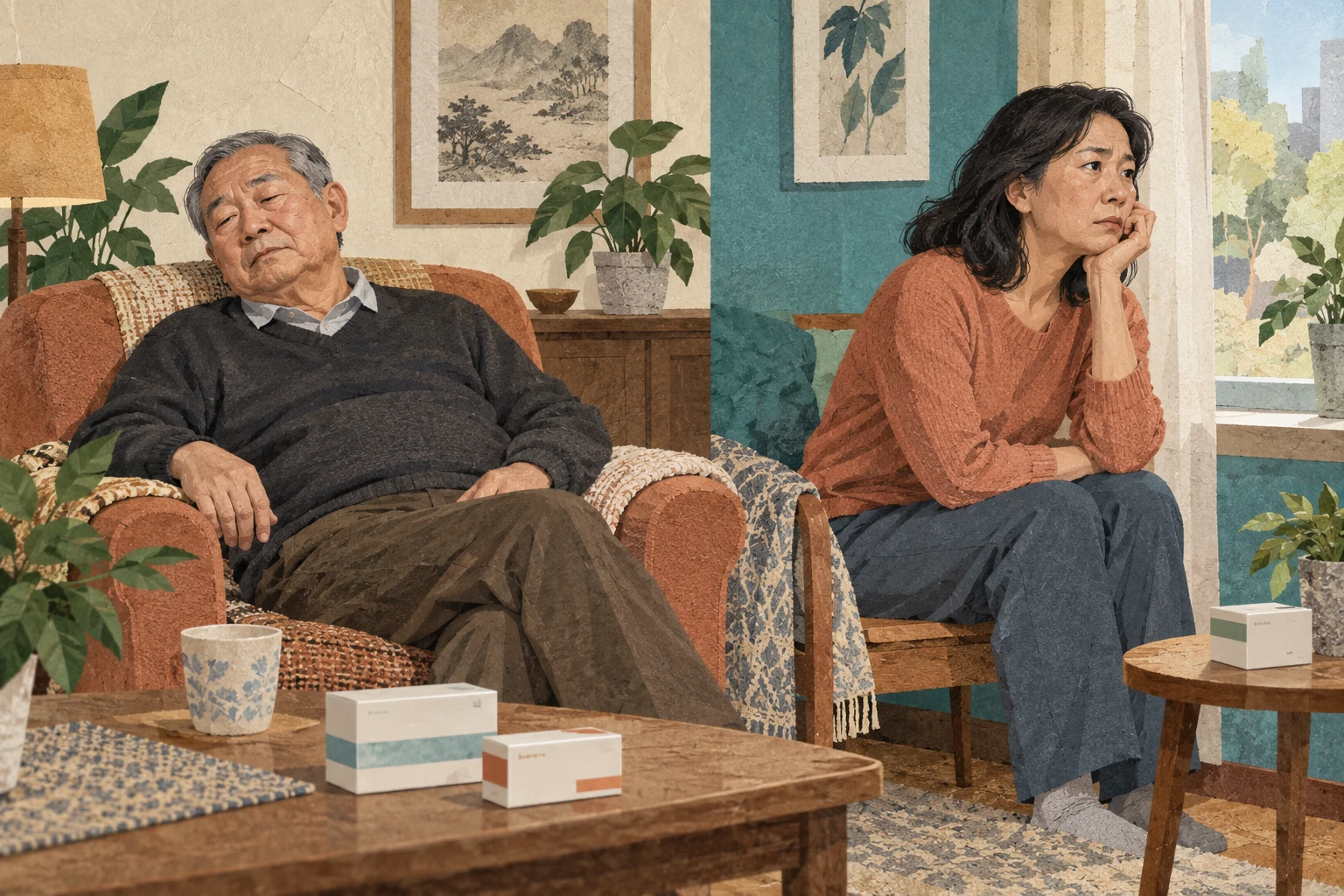 同一家庭里困倦与不安的两种状态