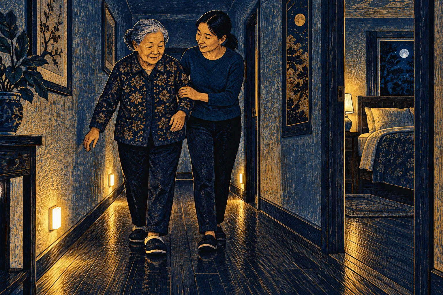 夜间走道亮起柔和的灯,老人得到陪伴