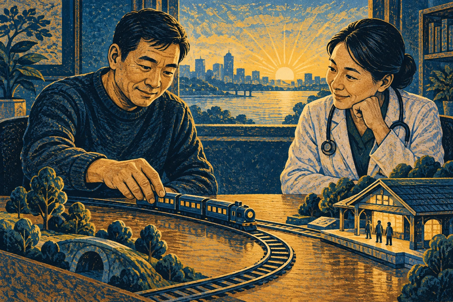 患者与医务人员一起查看列车进站示意图
