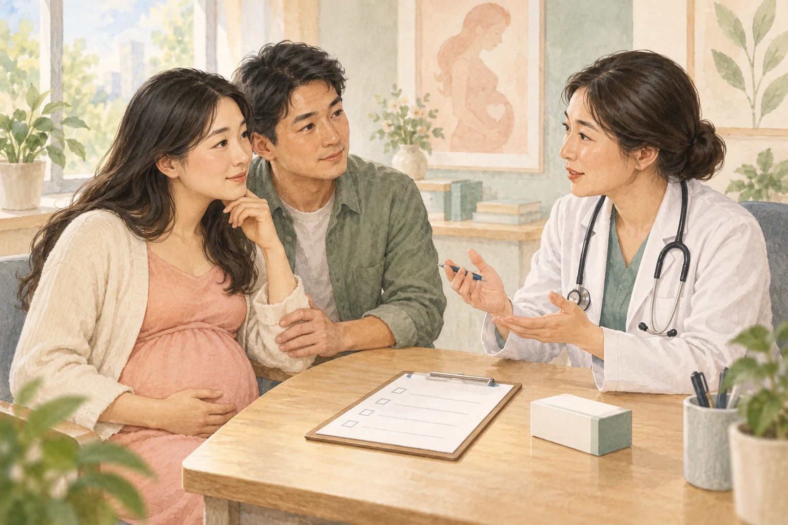 孕妇、家人与医生共同核对治疗清单